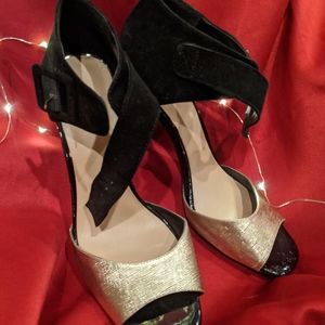 BCBG suede heels with gold detail